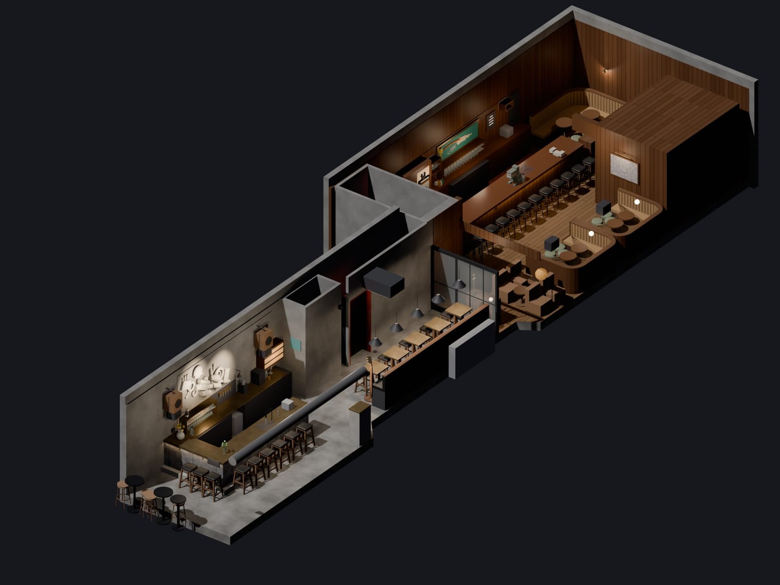 Axonometric — street floor from the right. Reconstruction: rendered from the 3D model, not a photograph.
