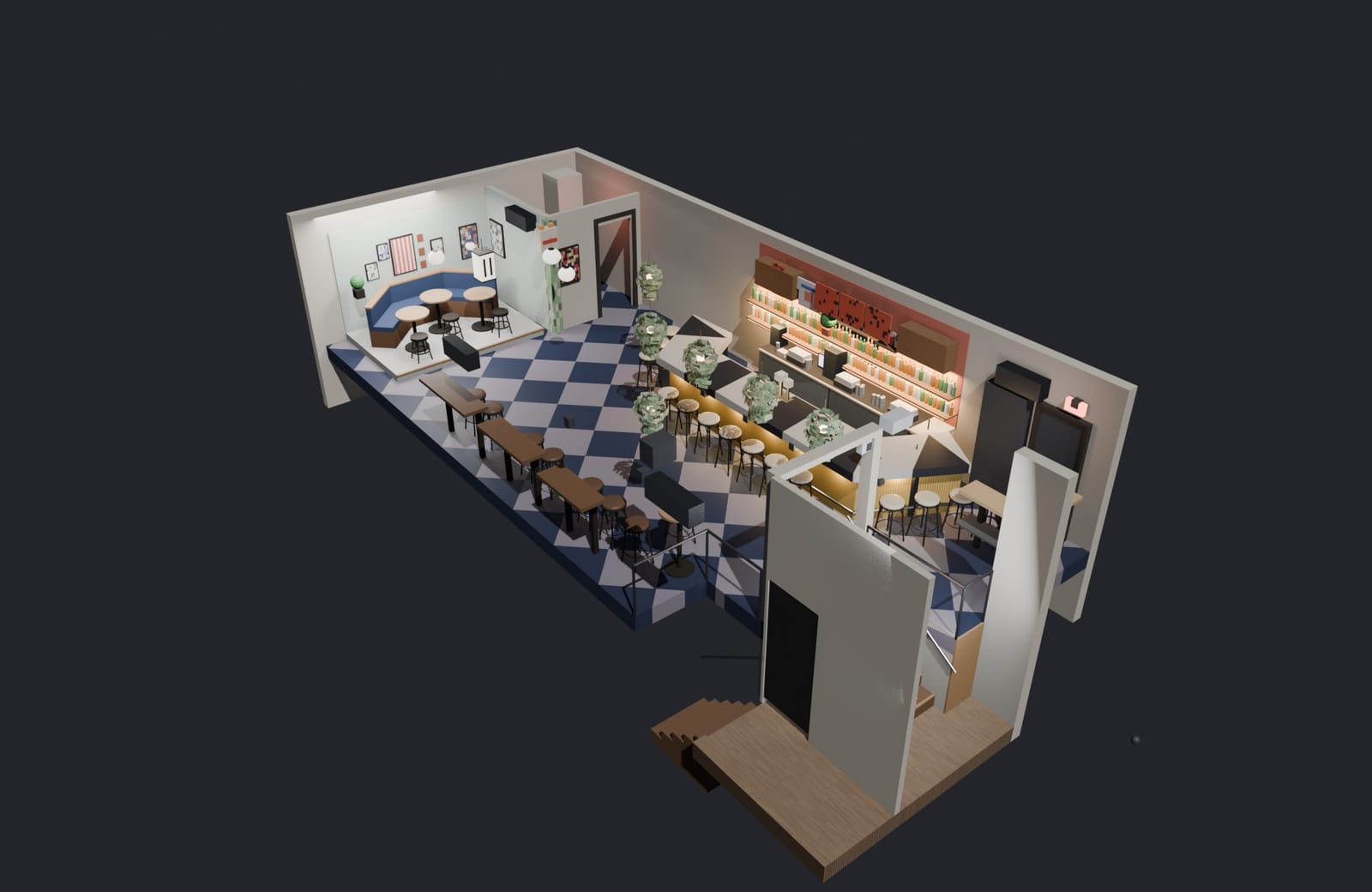 Axonometric — street landing and raised main floor. Reconstruction: rendered from the 3D model, not a photograph.